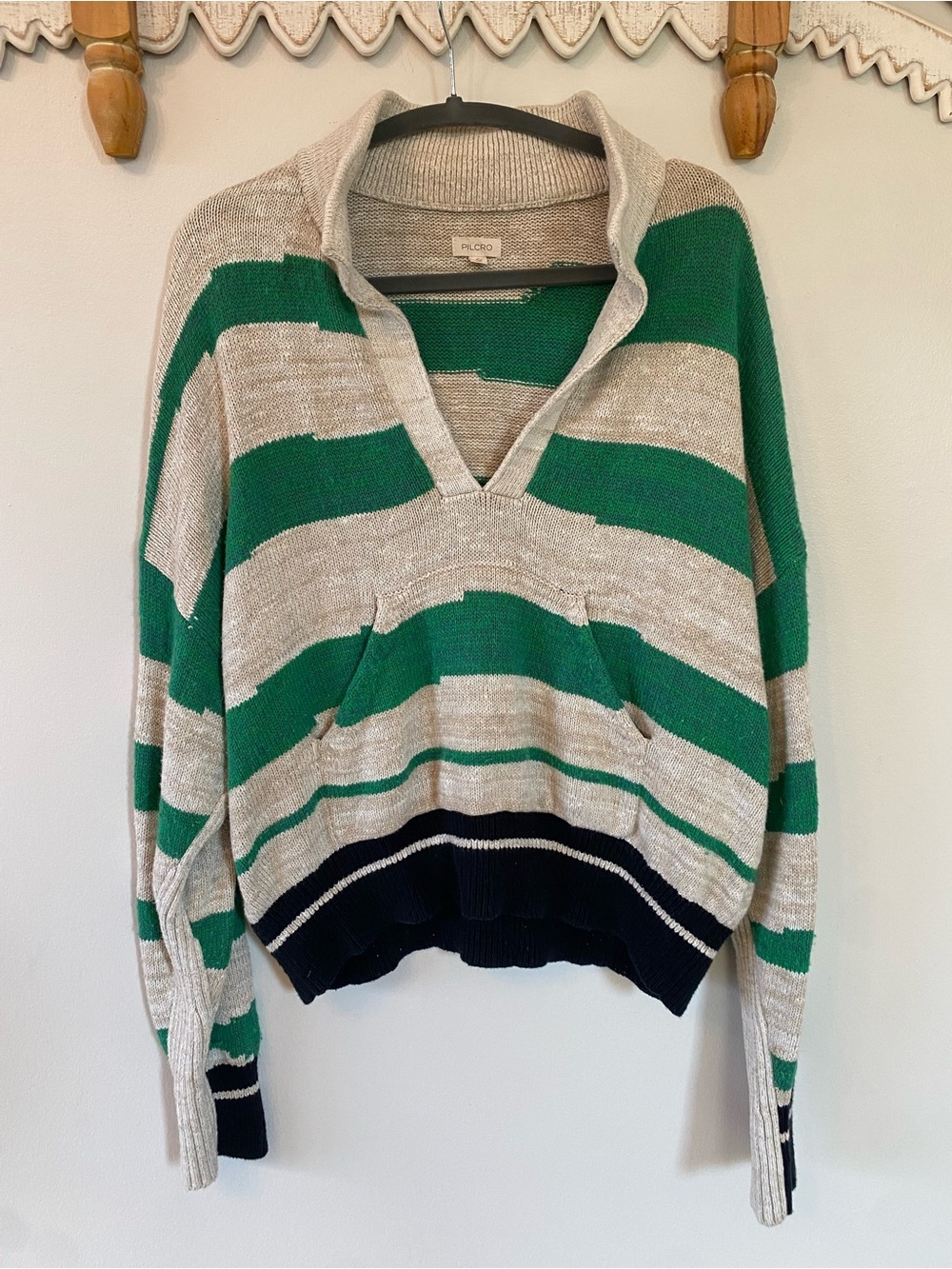 Pilcro Green and Cream Striped Scoop Collar Sweater with Black Trim - Picture 4 of 8